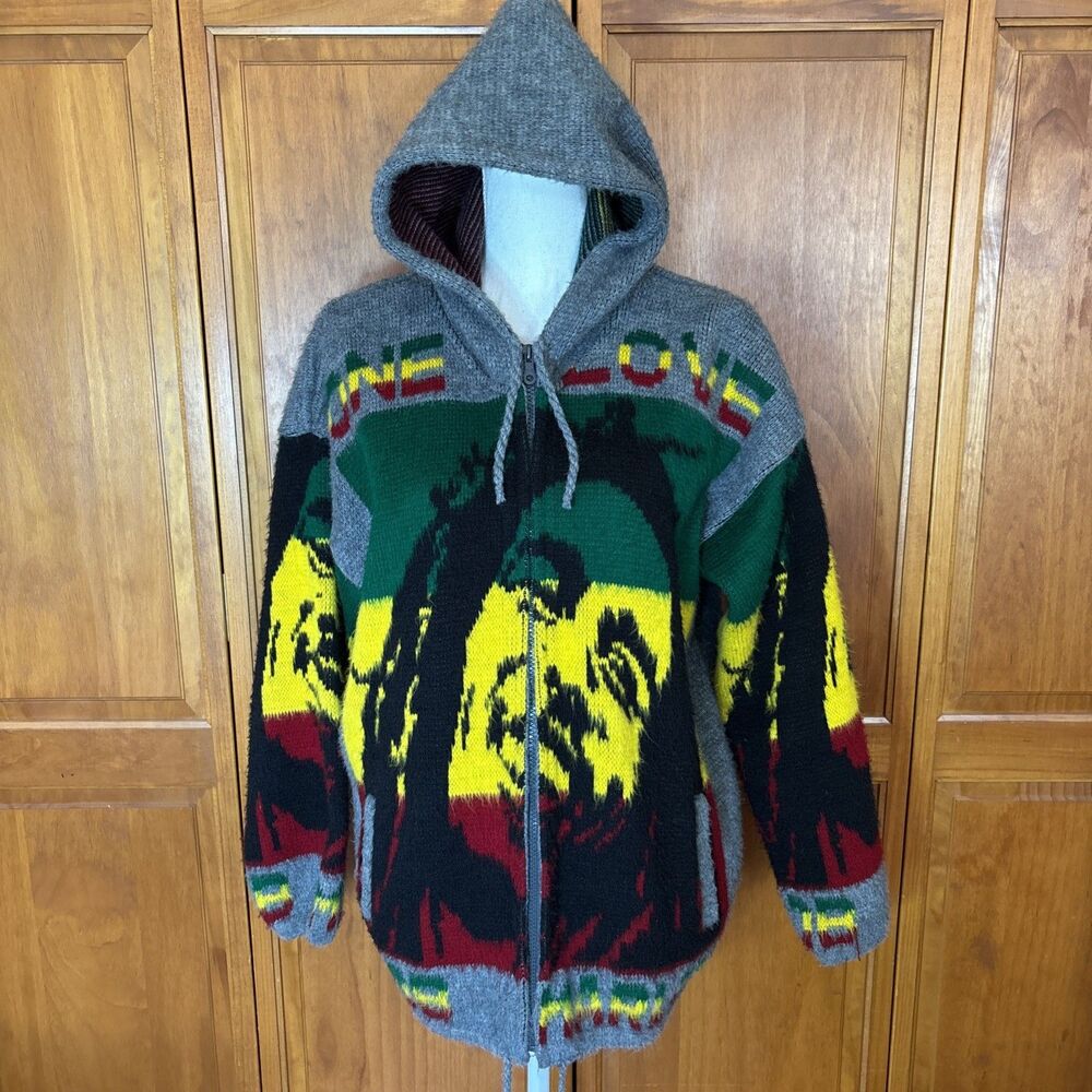 Bob Marley One Love Hooded Sweater Mens Medium Rasta Full Zip Knit Ecuador